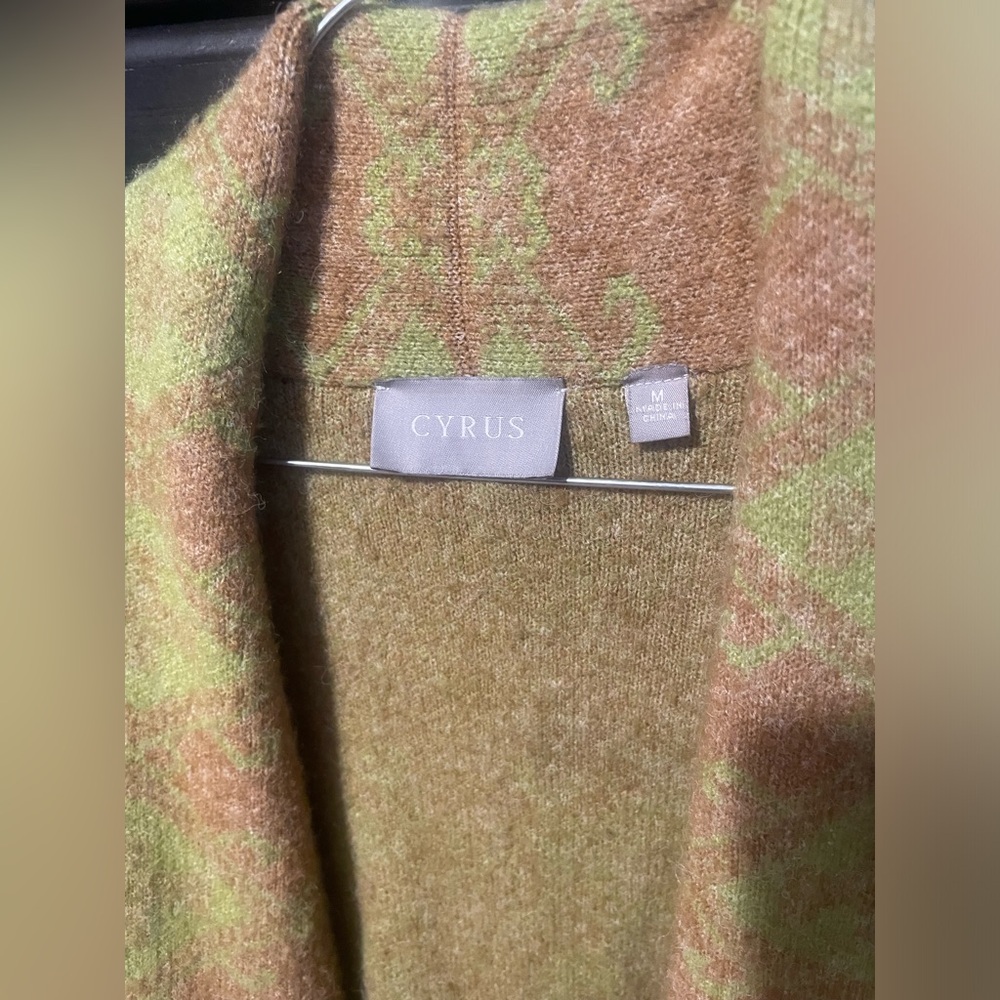 Medium brown & muted chartreuse green long warm & fuzzy sweater coat - Picture 3 of 4